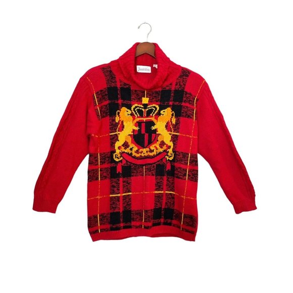 VTG Jantzen Red Chunky Turtleneck Sweater Lion Crest Shoulder Pads- Womens M - Picture 1 of 7